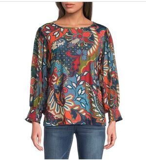 Ali Miles Womens XL Paisley Floral Tunic Blouse Vibrant Multi Casual Artwear Top